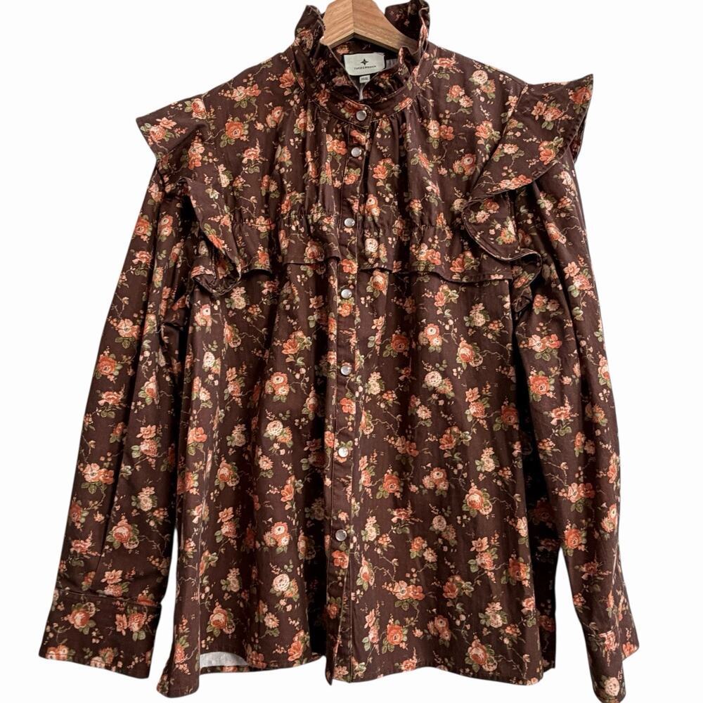 Tuckernuck Brown Rosewood Chintz Ruffle Winnie Blouse XXXL Snap Button